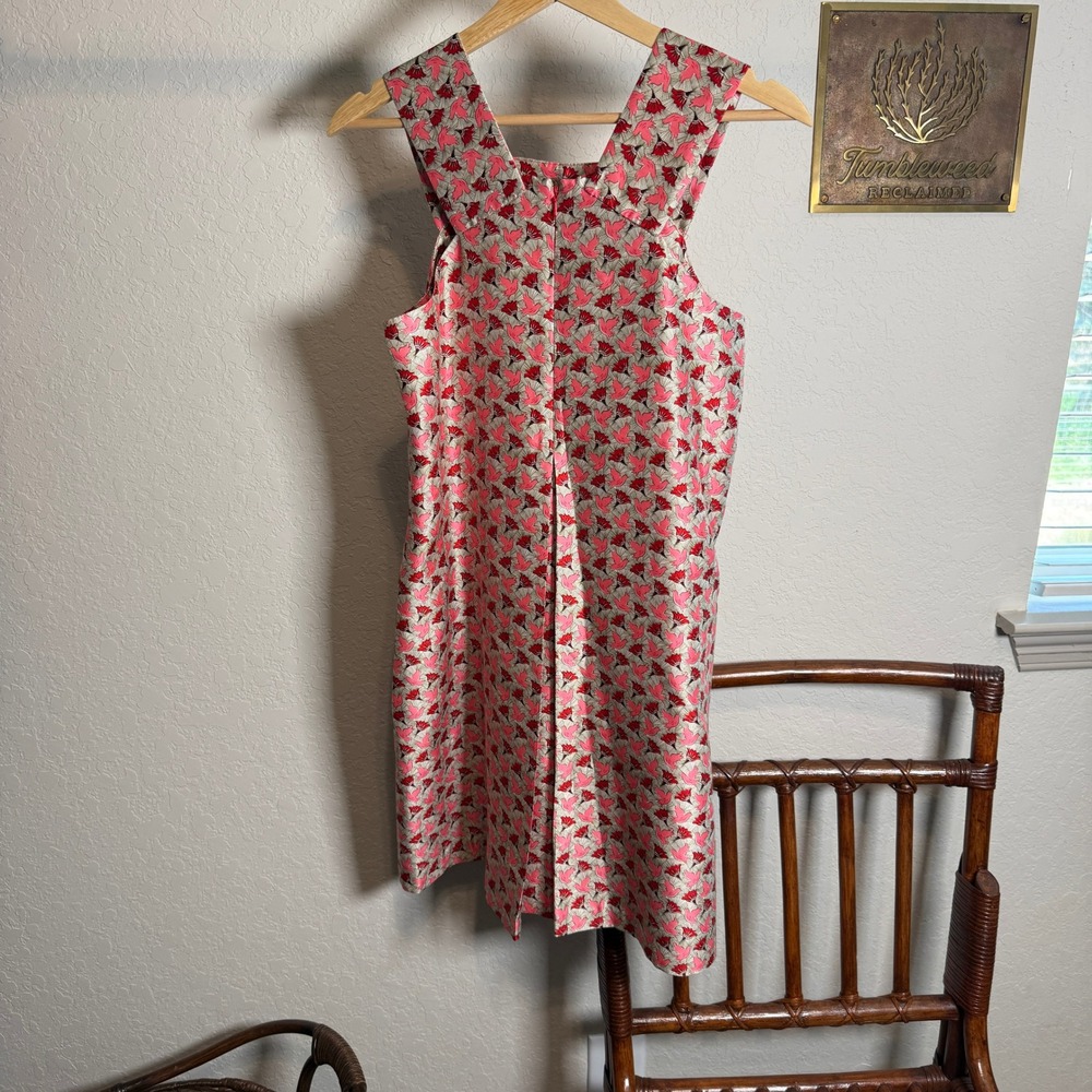 Tory Burch Pink Red Bird Floral 100% Silk Shift Dress Size 4 12151415 Sleeveless - Picture 6 of 10